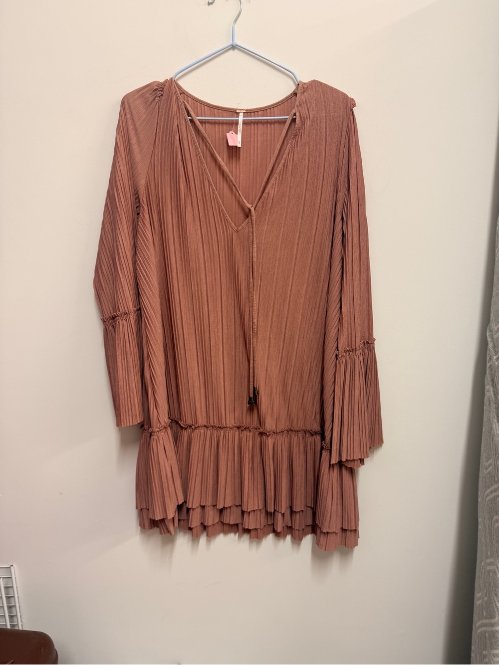 Free People Pleated V-Neck Mini Dress in Rust
